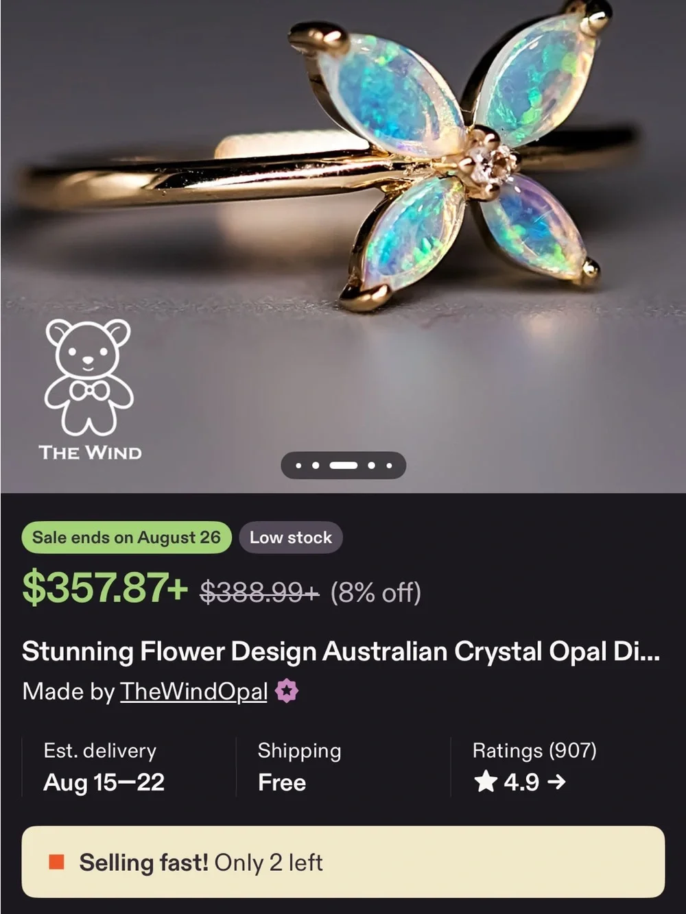 14K gold opal butterfly ring size 6